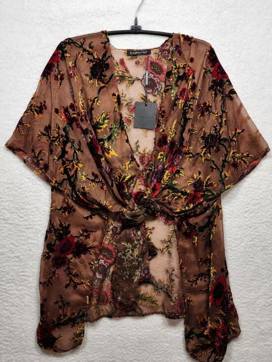 Pants - Do Everything in Love Floral Burnout Velvet Kimono Wrap Brown OS NWT